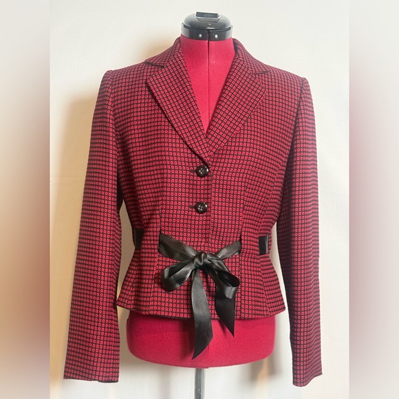 Tahari ASL Blazer Women's Size 6 Red & Black Checkered with Satin Bow - Picture 6 of 9